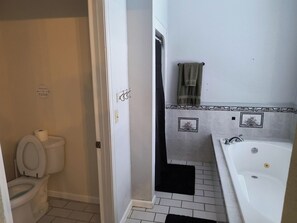 Un baño con inodoro, bañera y zona de ducha.
