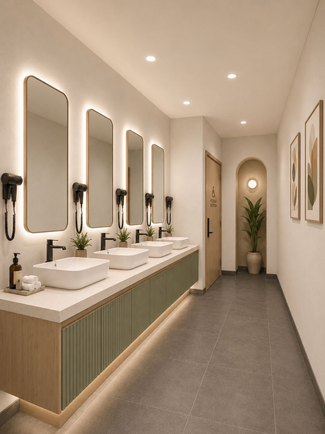 Une longue et étroite salle de bain dotée de plusieurs lavabos, de miroirs et de sèche-cheveux.