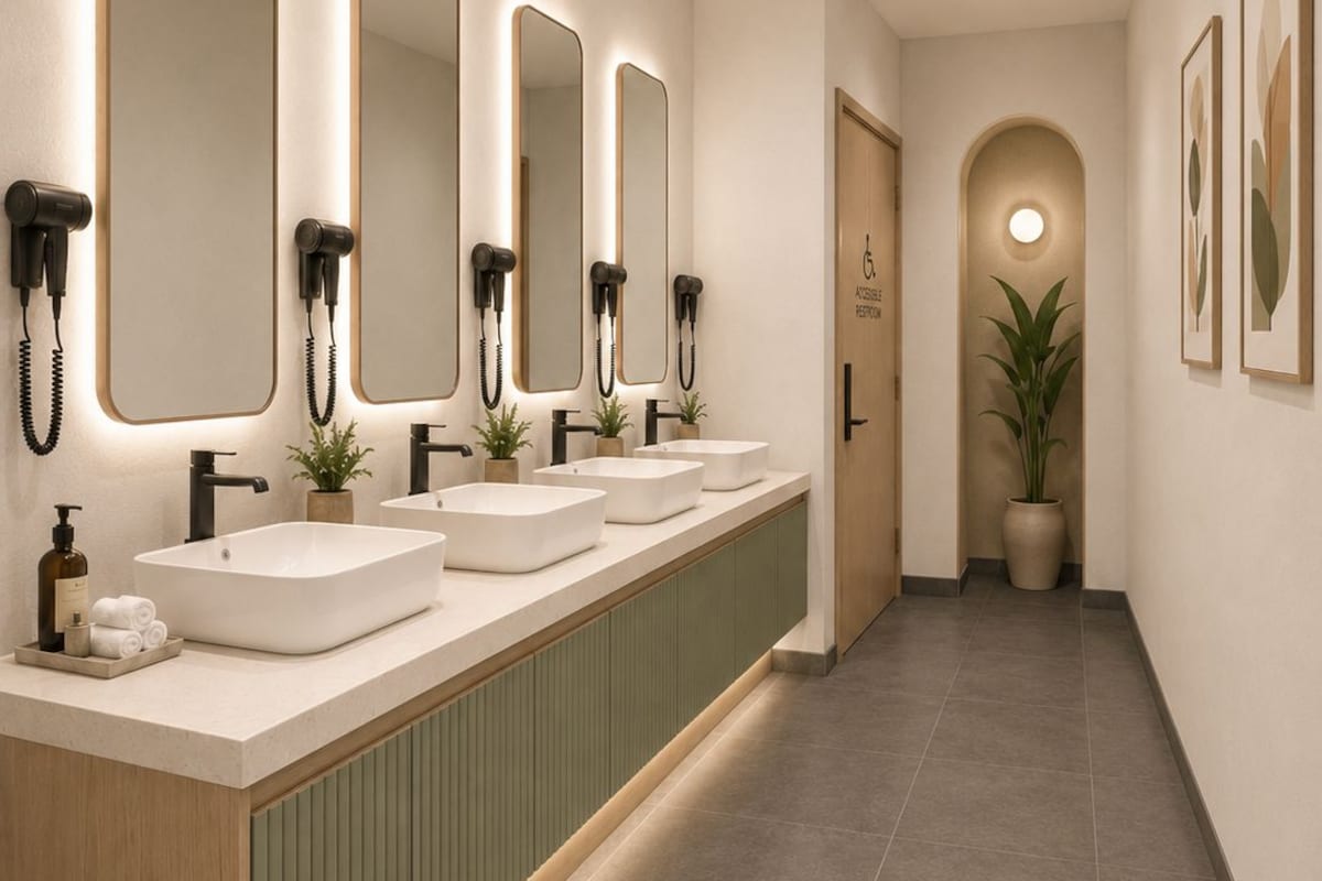 Un baño alargado y estrecho con varios lavamanos, espejos y secadores de pelo.