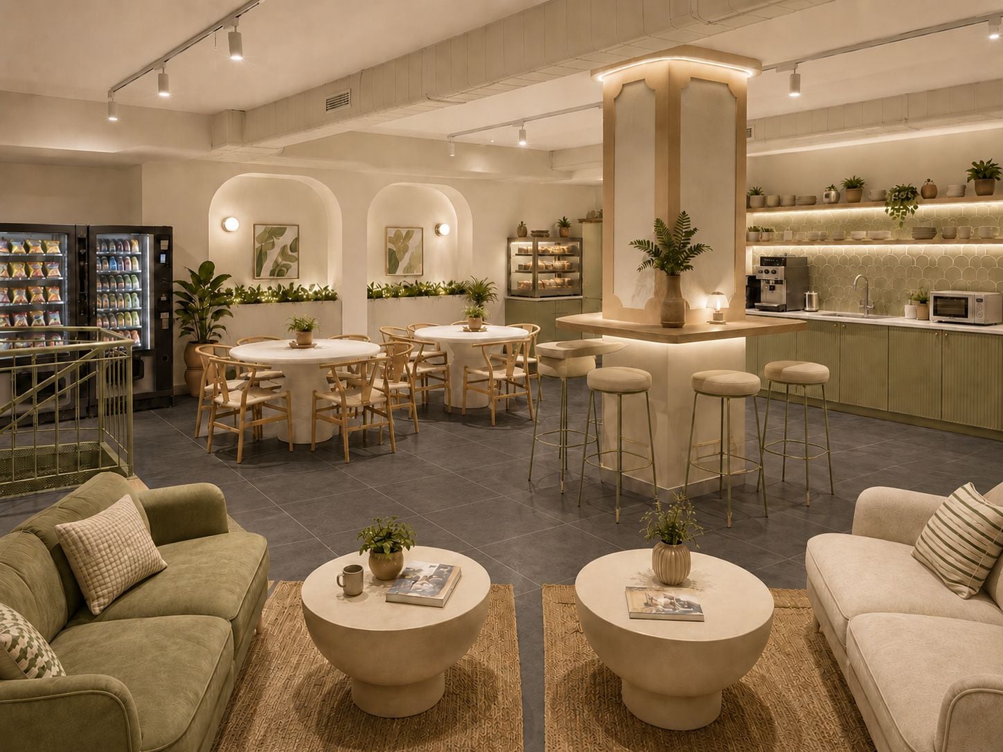 Un intérieur moderne comprenant un bar, des espaces pour s’asseoir et une petite cuisine.