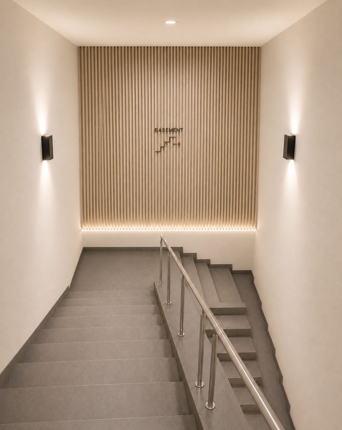 Un escalier avec une rampe, une enseigne fixée au mur indiquant l’accès au sous-sol, et deux lampes fixées au mur.
