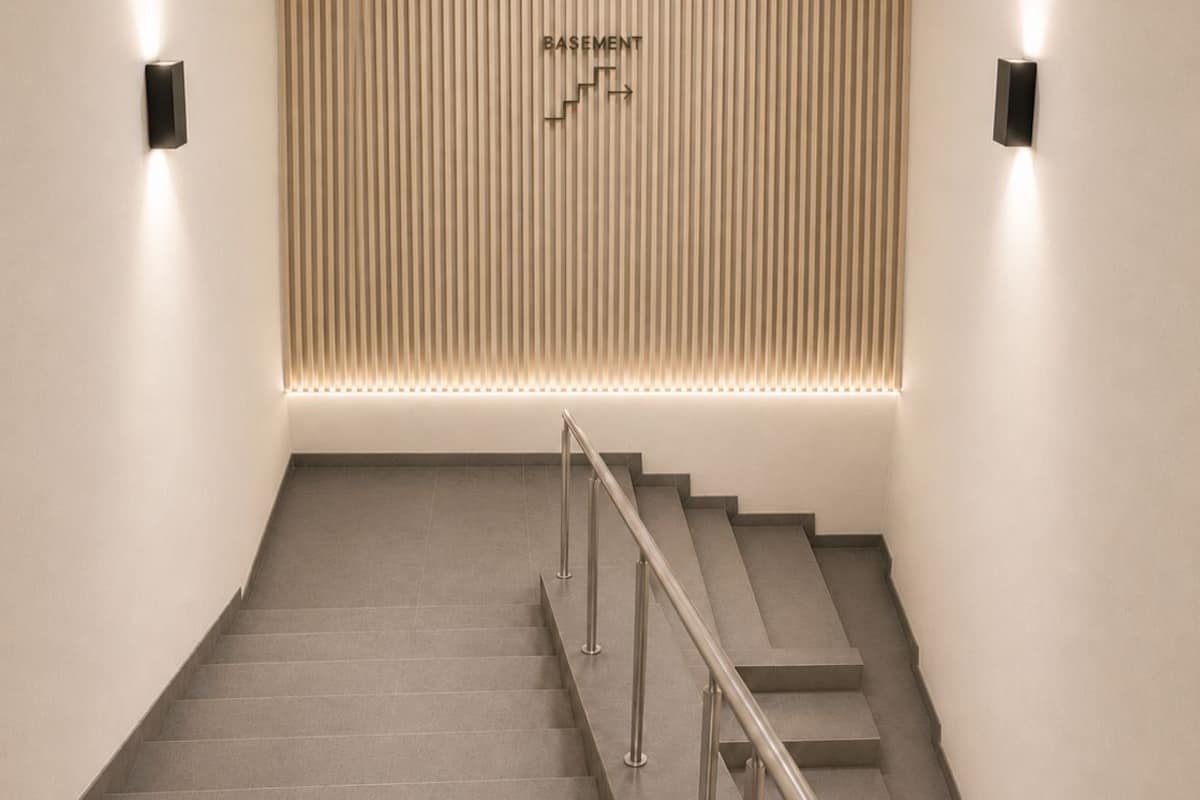 Una escalera con barandilla, un letrero en la pared que indica el sótano y dos luces empotradas.