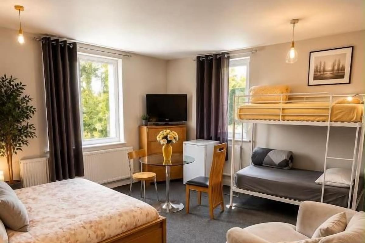 A compact hotel room with a single bed, a desk, a chair, a sofa, and a bunk bed.
