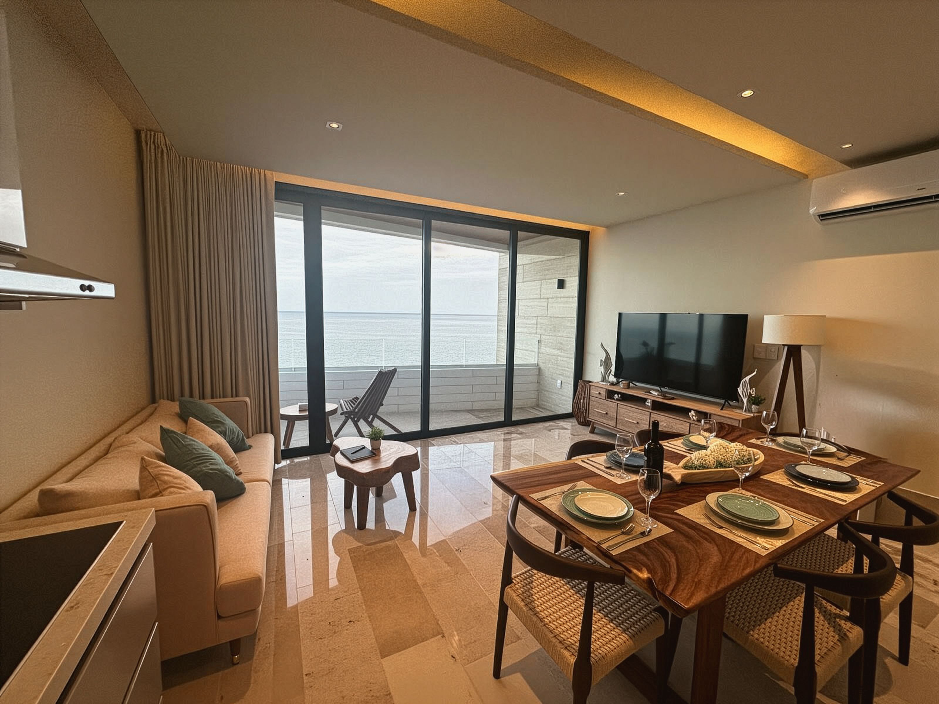 A modern living room with a sofa, a dining table set for two, a TV, and a large sliding glass door leading to a balcony with a view of the ocean.