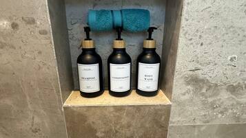 Shower, hair dryer, towels, soap