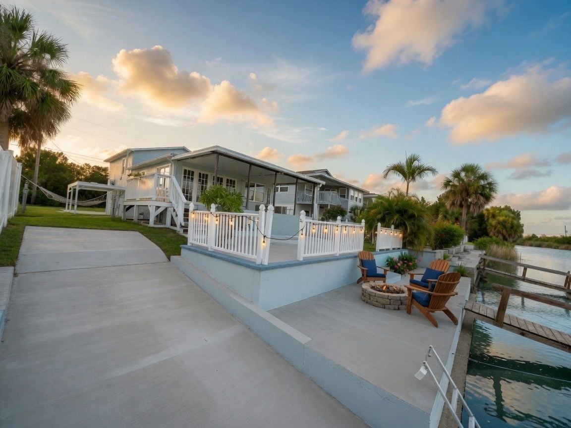 A waterfront property with a covered deck, outdoor seating, and a swimming pool.
