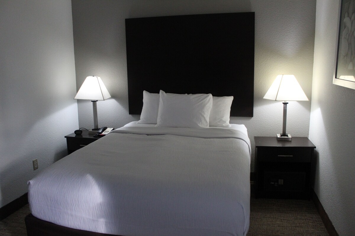 Una habitación de hotel con una cama grande, dos mesitas de noche con lámparas, un cabecero y una obra de arte colgada en la pared.