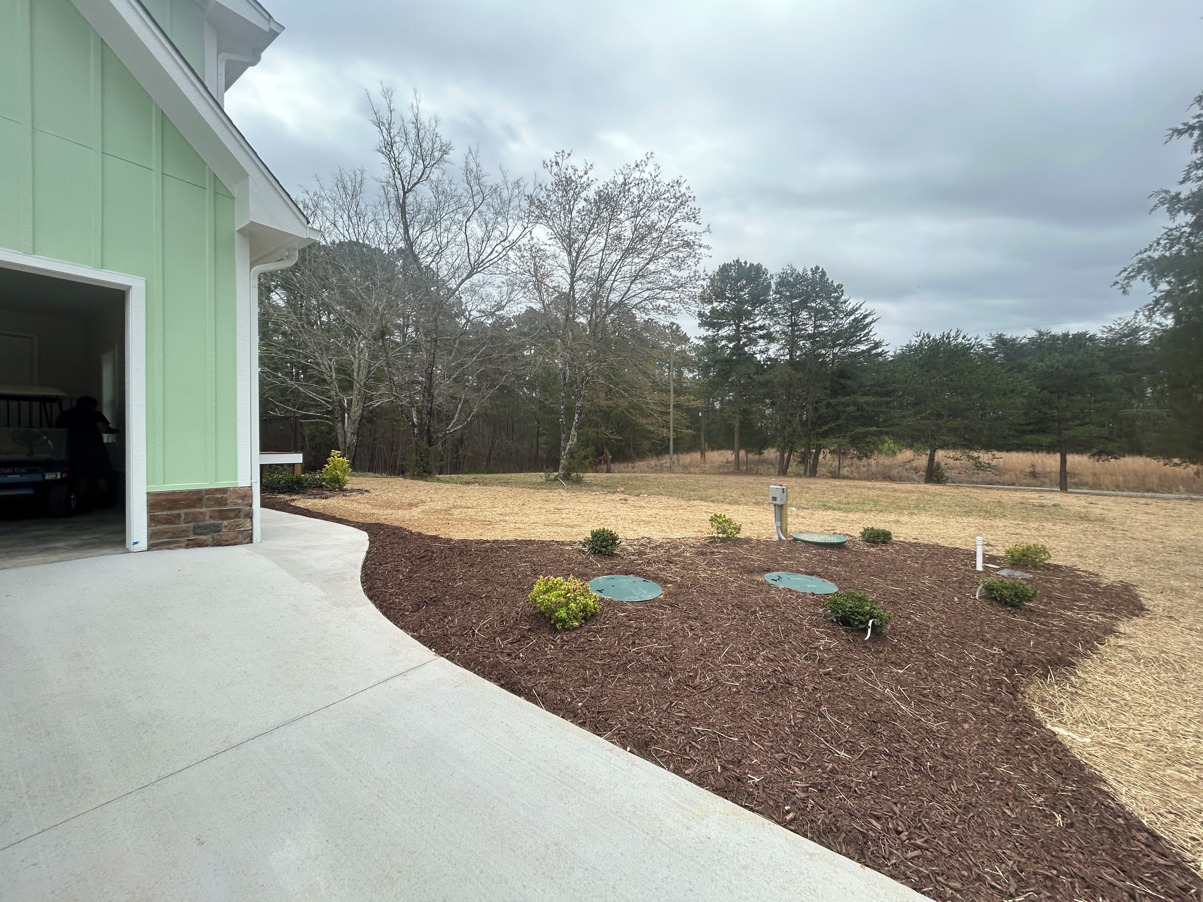 A residential property with a green exterior, a driveway, and a landscaped garden with mulch and small shrubs.