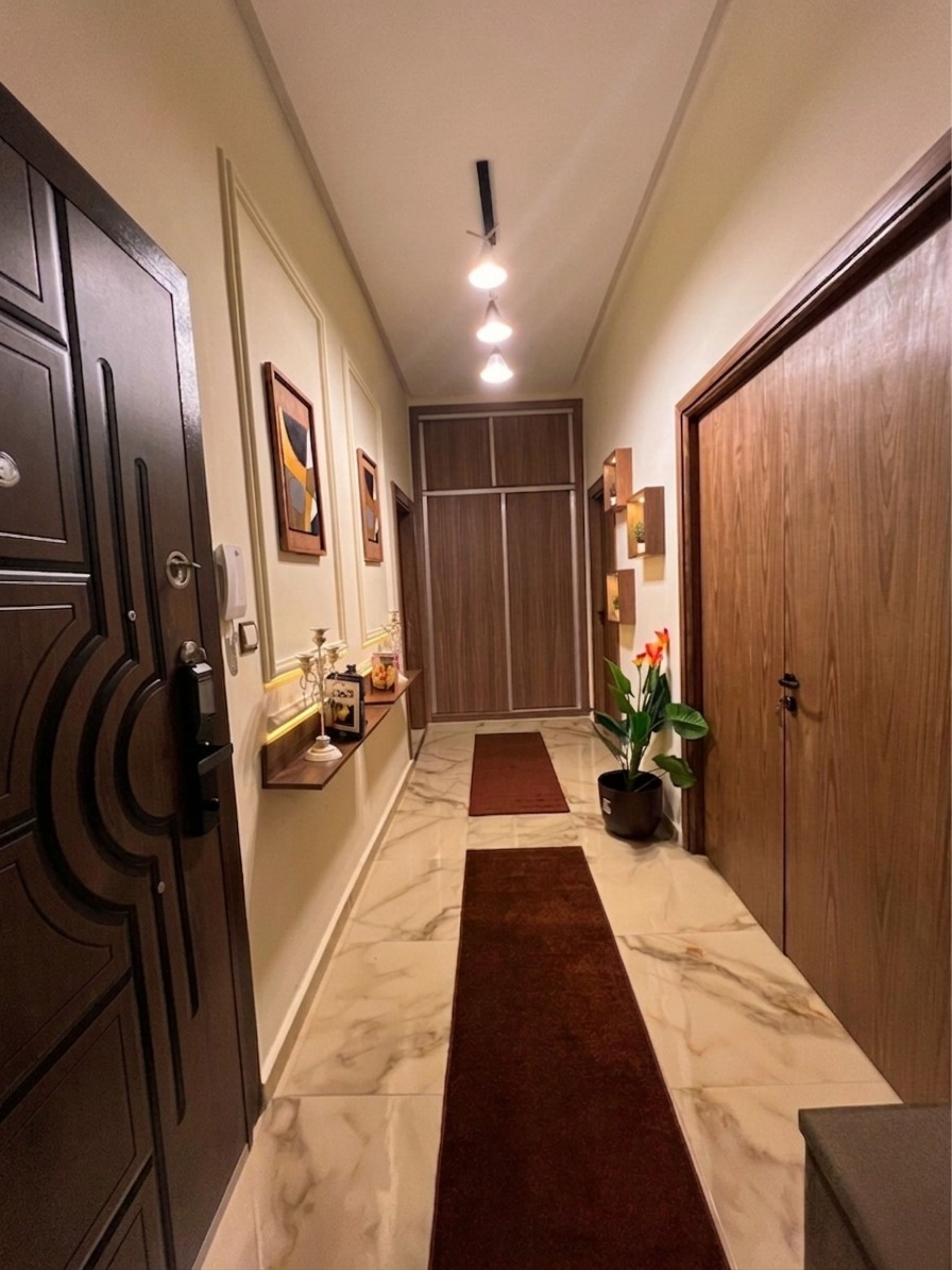A hallway with marble flooring, wooden doors, a ceiling light, and a potted plant.