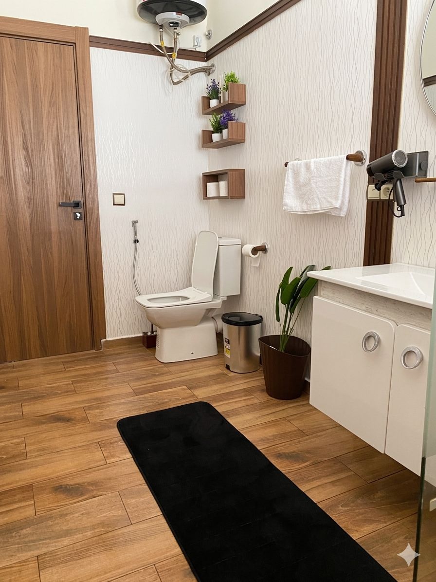 Une salle de bain avec des toilettes, un lavabo et un tapis noir sur le sol.