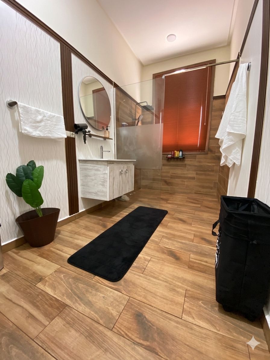 Un couloir avec un plancher en bois, un tapis noir, une plante en pot, un sac noir, et une salle de bain avec une douche et des toilettes visibles au fond.