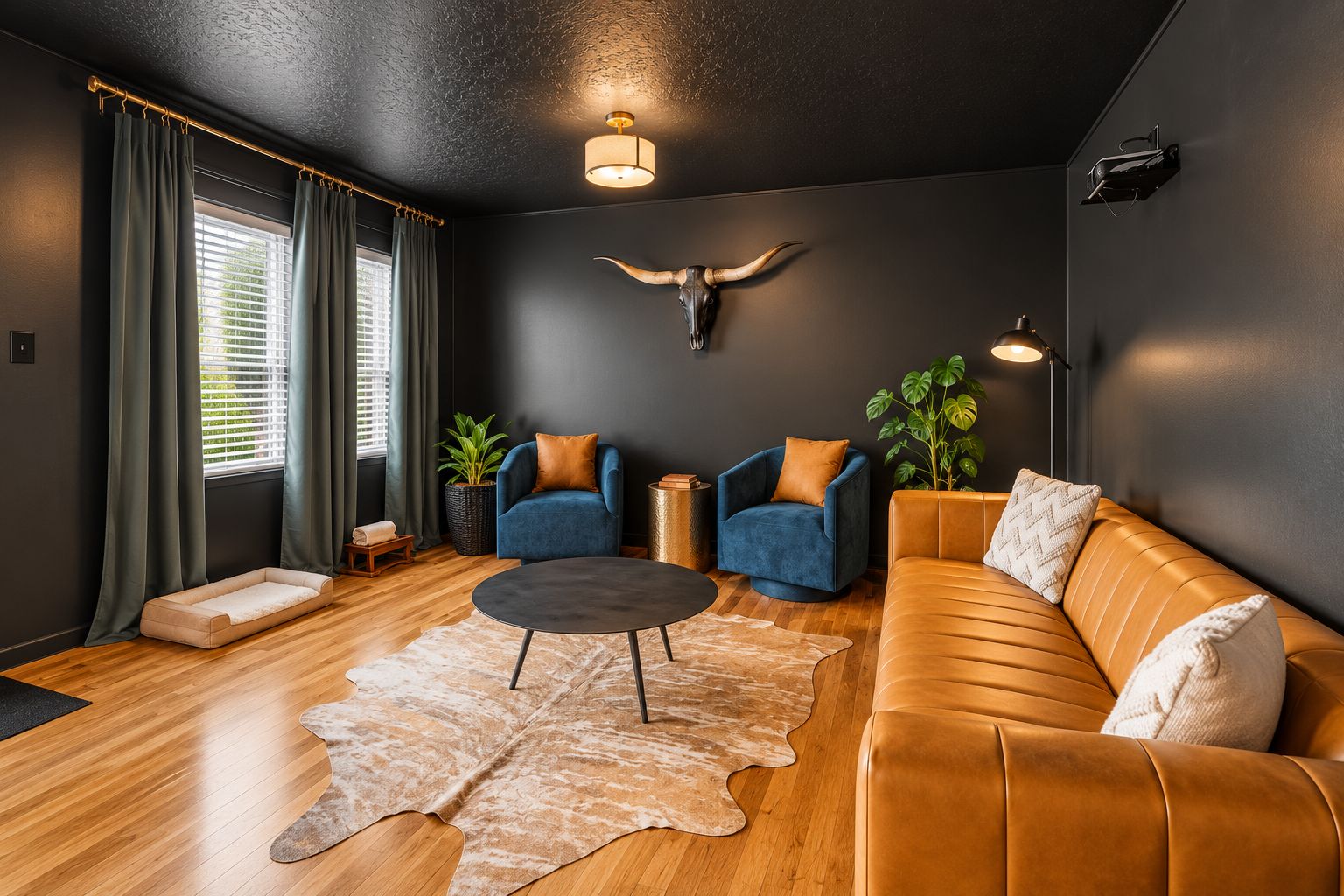 A modern living room with a leather sofa, two armchairs, a round coffee table, and a large wall-mounted bull's head decoration.