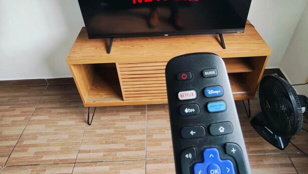 Televisiossa näkyy Netflixin logo, etualalla on kaukosäädin ja taustalla on koristeellinen seinä, jossa on vihreä kuvio.
