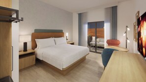 Una habitación de hotel con cama, mesitas de noche, un escritorio, una silla y un amplio ventanal con cortinas.