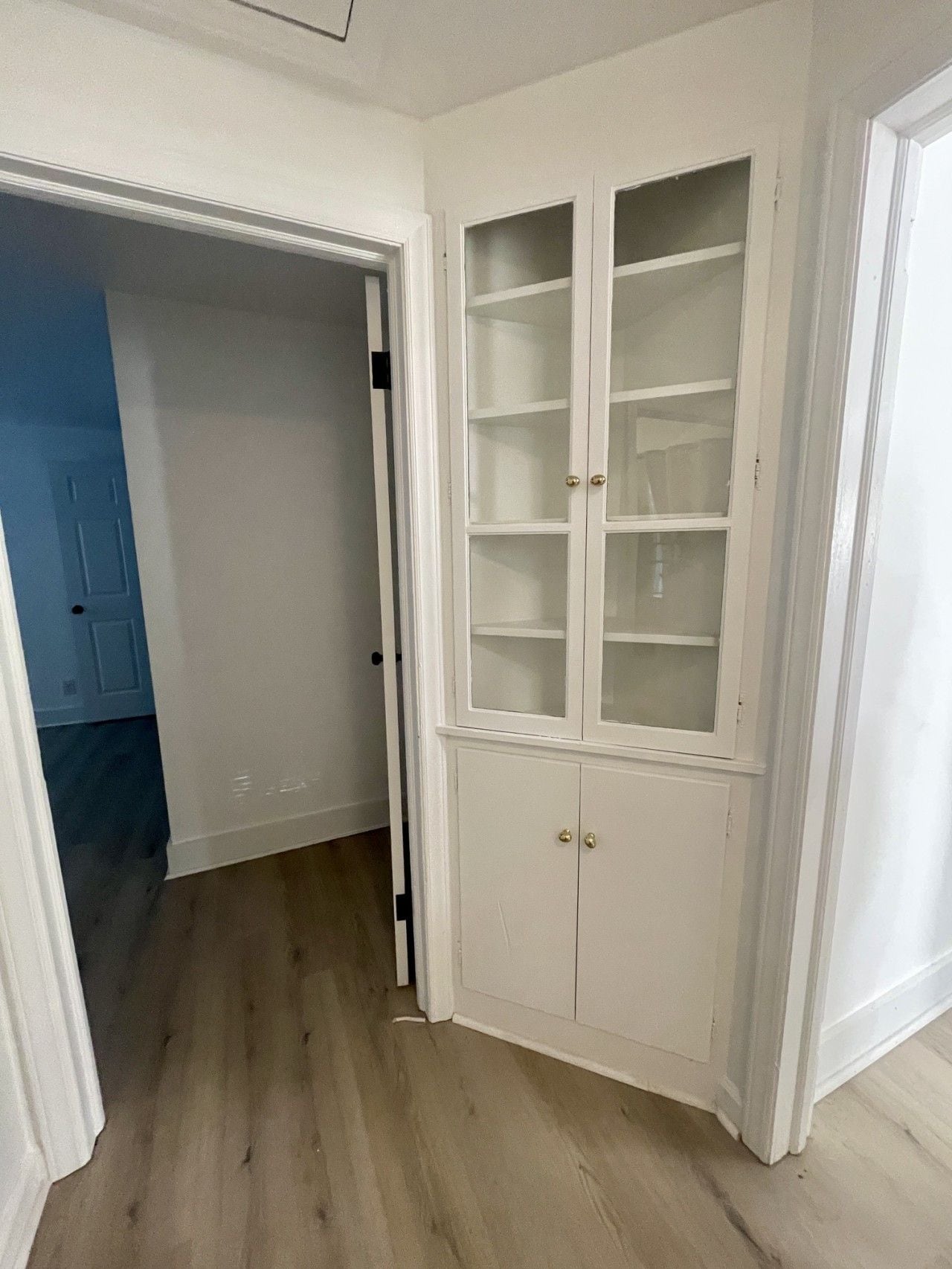 Een kamer met een witte kast, een houten vloer en een blauwe deur op de achtergrond.