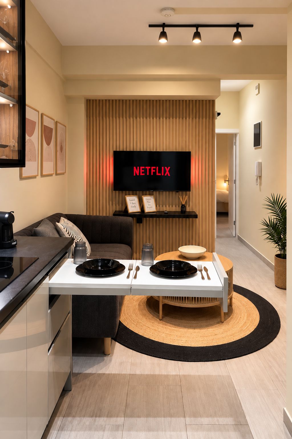 Un salon moderne doté d’un téléviseur à écran plat affichant le logo « NETFLIX », d’un coin repas avec une table blanche dressée pour deux personnes, et d’une cuisine avec un plan de travail noir et une machine à café.