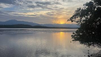 Un lago tranquilo con montañas a lo lejos y un árbol a la derecha.