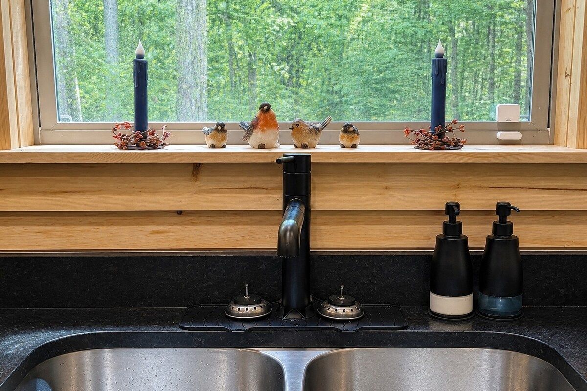 A kitchen with a window view of a forest, a black faucet, and two soap dispensers.