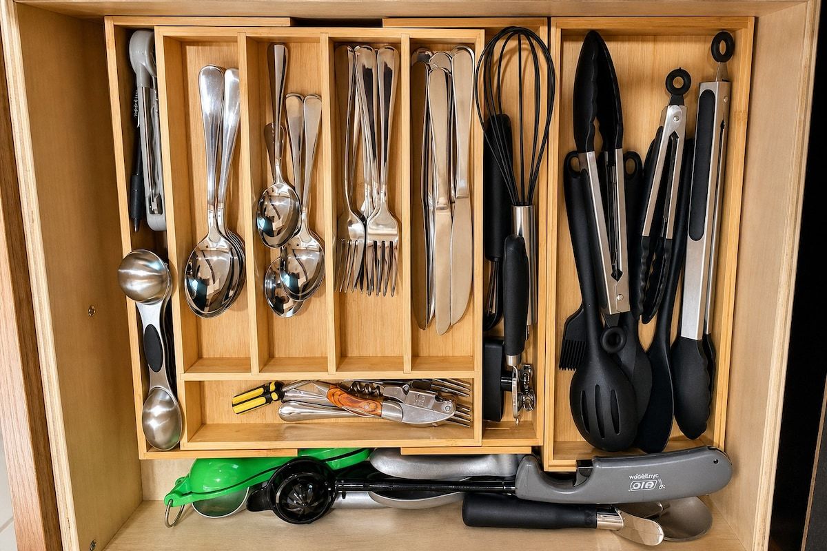 A drawer with various kitchen utensils organized in compartments.