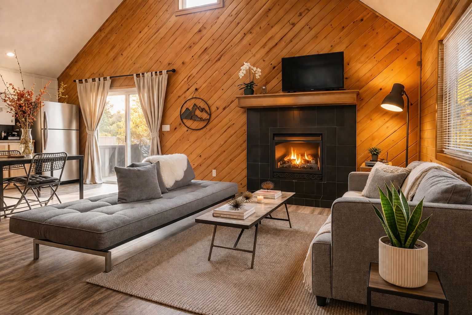 A cozy living room with a fireplace, a sofa, a coffee table, and a television.