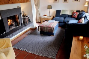 A cozy living room with a fireplace, a sofa, a coffee table, and a rug. - Waterville Holiday Home (Kerry)
