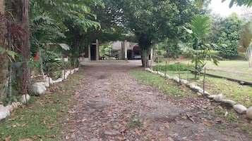 A pathway leading to a building with a covered seating area and a hammock.