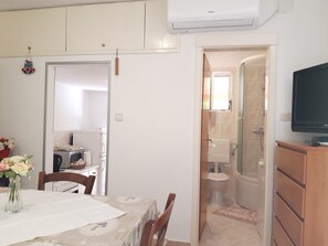 A room with a dining table, chairs, a TV, a bathroom with a toilet and shower, and a small kitchen area. - Kuča na rjeci s velikim vrtom I pogledom na planine,3km od mora - Split 10km. (Žrnovnica)