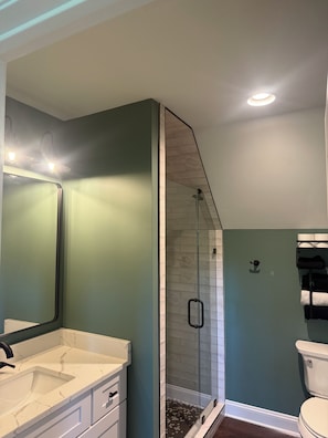 Un bagno con un mobile lavabo bianco, cabina doccia in vetro e un water.