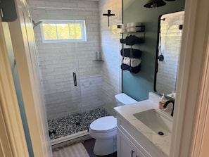 A bathroom with a glass-enclosed shower, a toilet, a sink, and a towel rack. - Attn Race Teams: Brand New 3-Bedroom 3.5 Bathroom House - 10 minutes to VIR Gate (Semora)