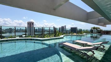 A rooftop infinity pool with lounge chairs, surrounded by a glass railing, overlooking a city skyline and a body of water.