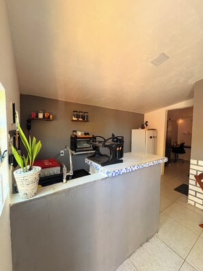 A kitchen with a built-in microwave, a sink, and a countertop with a potted plant.