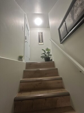 Un escalier avec une rampe, un pot de fleurs placé en haut et un tableau encadré accroché au mur.