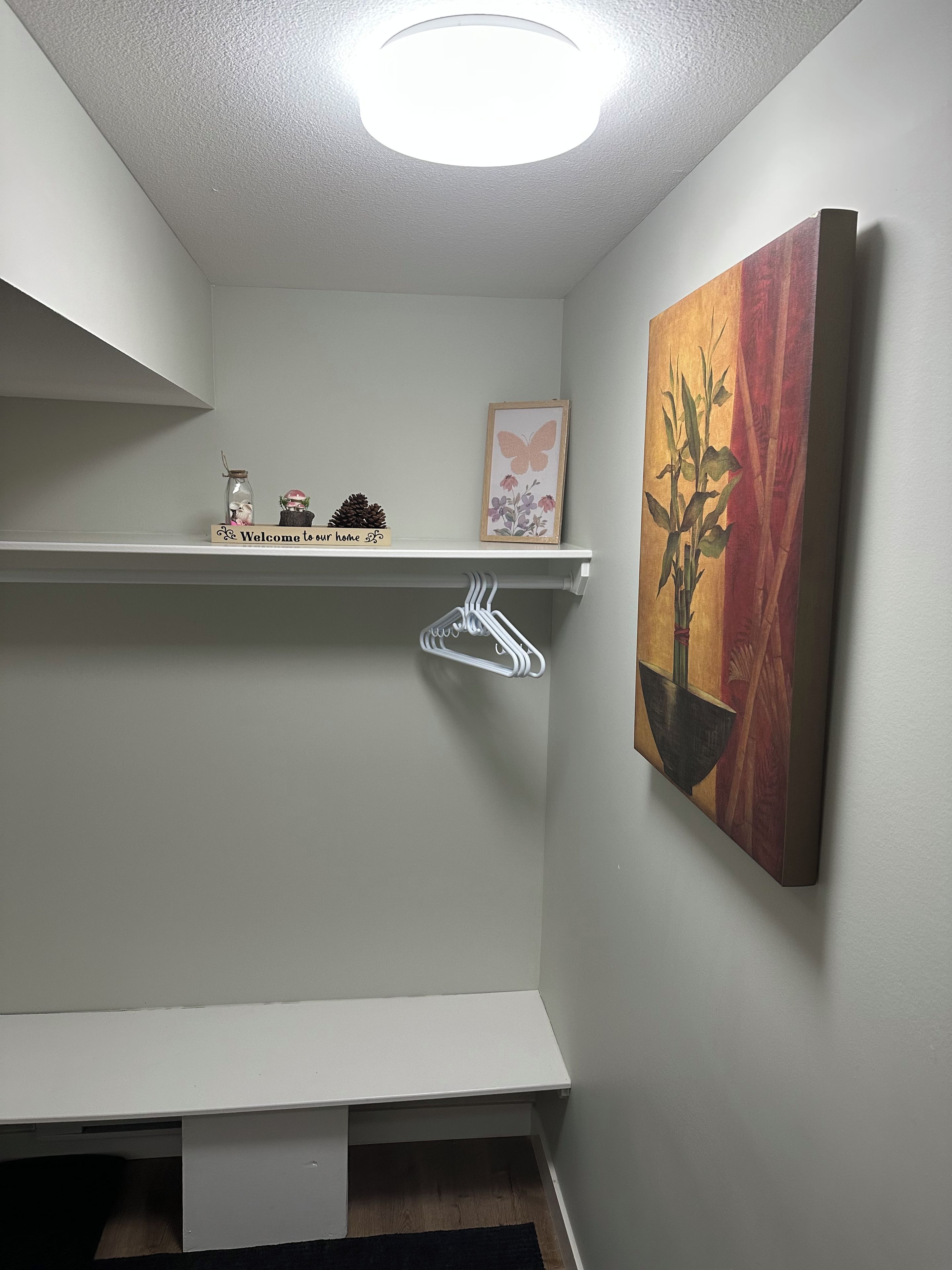 Une petite pièce avec un banc blanc, une étagère ornée d’une pancarte de bienvenue, un tableau représentant un papillon encadré et une plante fixée au mur.