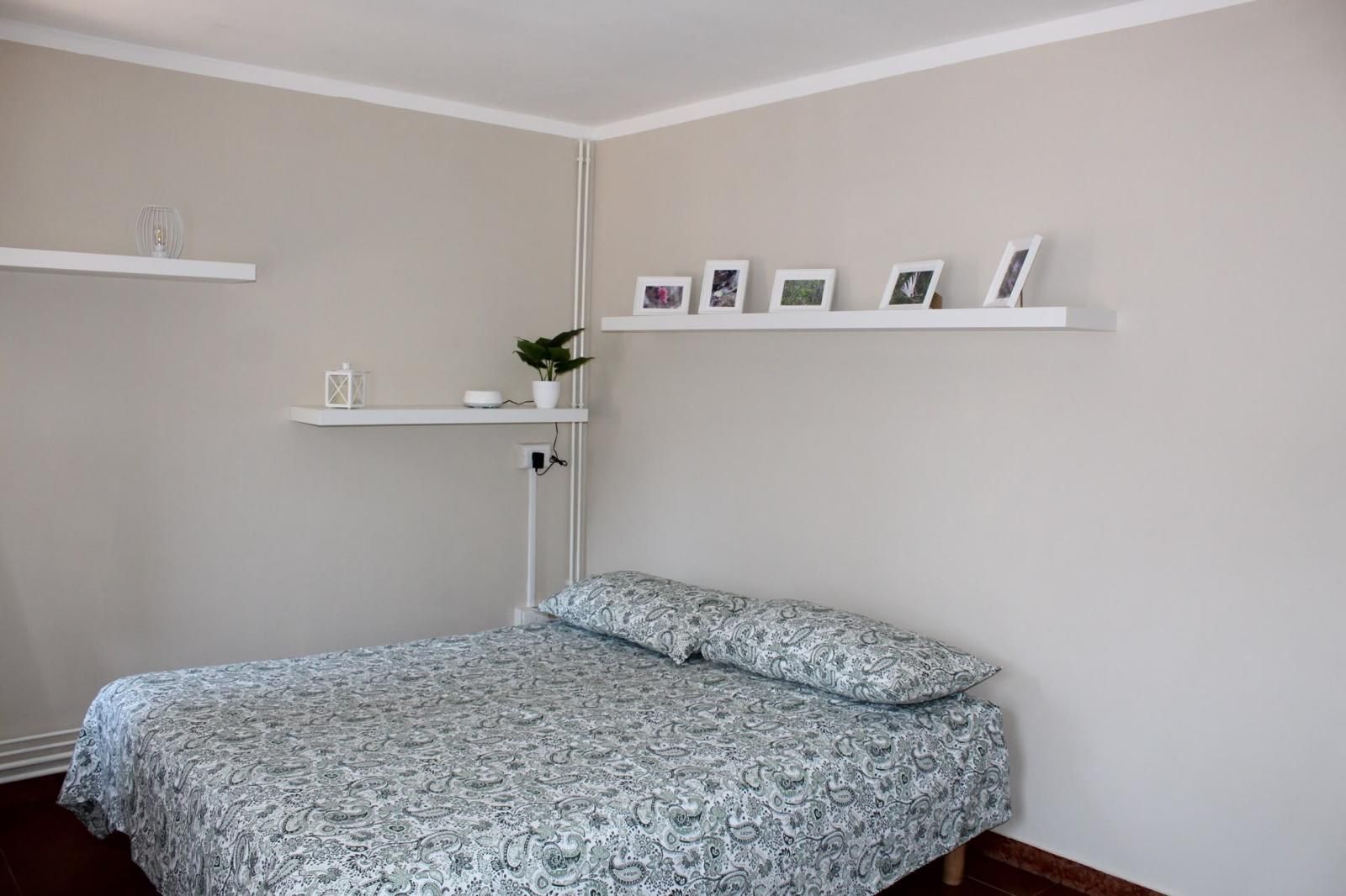 A bedroom with a bed, a nightstand, a shelf with pictures, and a potted plant.