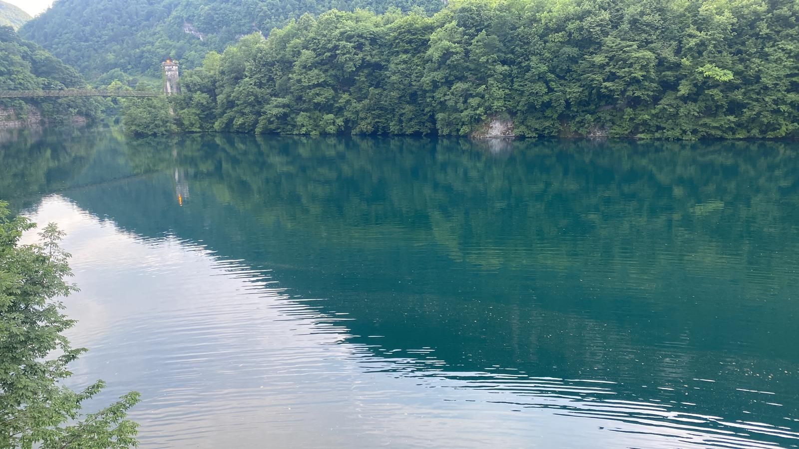A calm river with dense greenery on the banks.