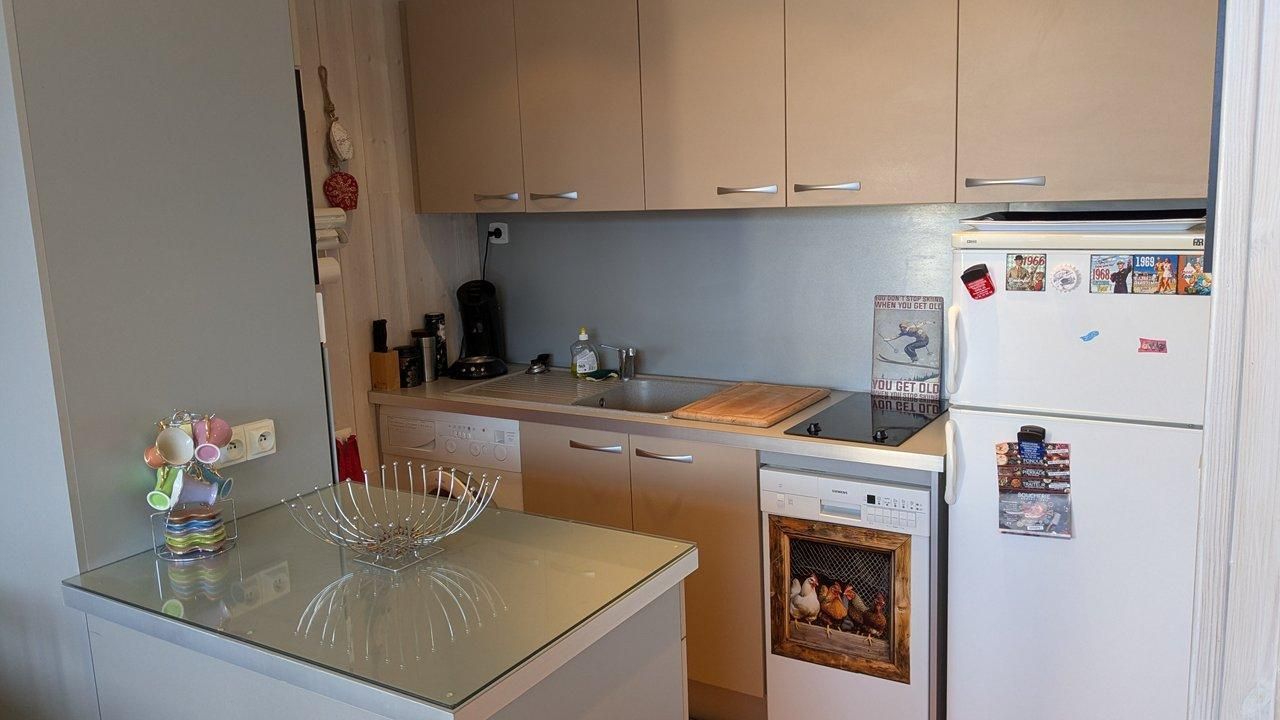 A compact kitchen with a dishwasher, a sink, and a refrigerator.