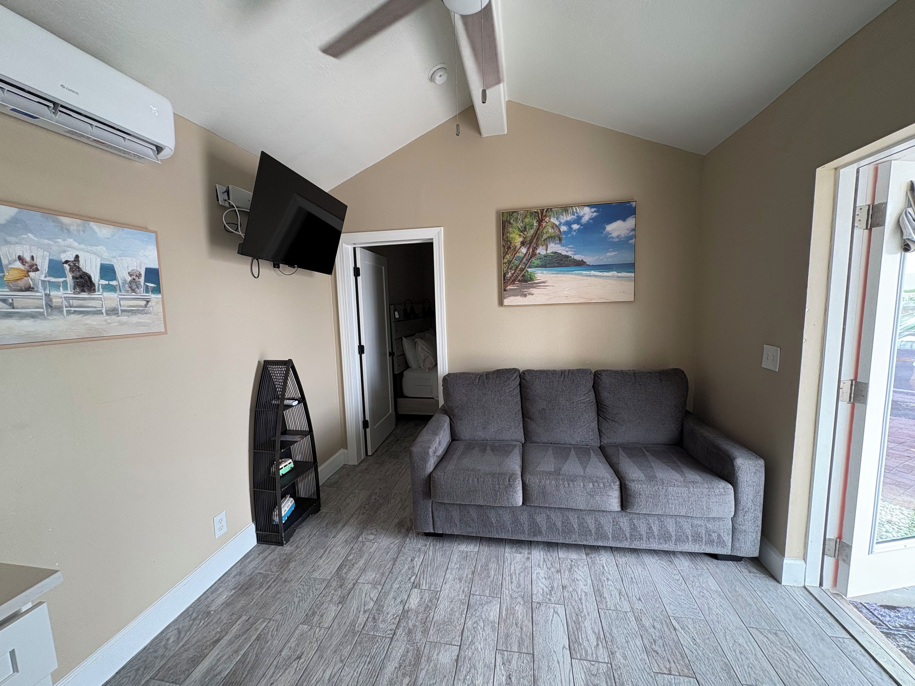 A living room with a grey sofa, a flat-screen TV mounted on the wall, a painting of a beach scene, and a door leading to a closet.