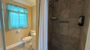 A bathroom with a toilet, a shower with a glass door, and a window with a curtain.