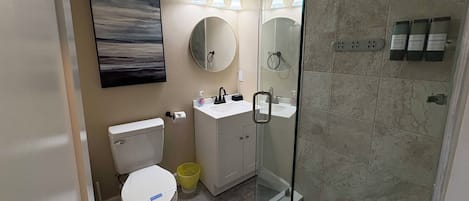 A modern bathroom with a toilet, sink, mirror, and shower.