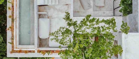 Un área de piscina en la azotea con jacuzzi, mobiliario y abundante vegetación.