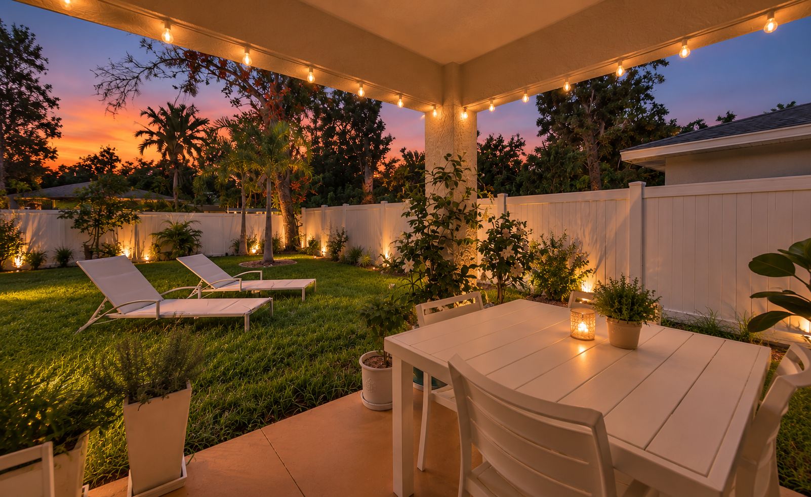Un patio exterior con mesa y sillas, rodeado por una cerca blanca y luces colgantes.