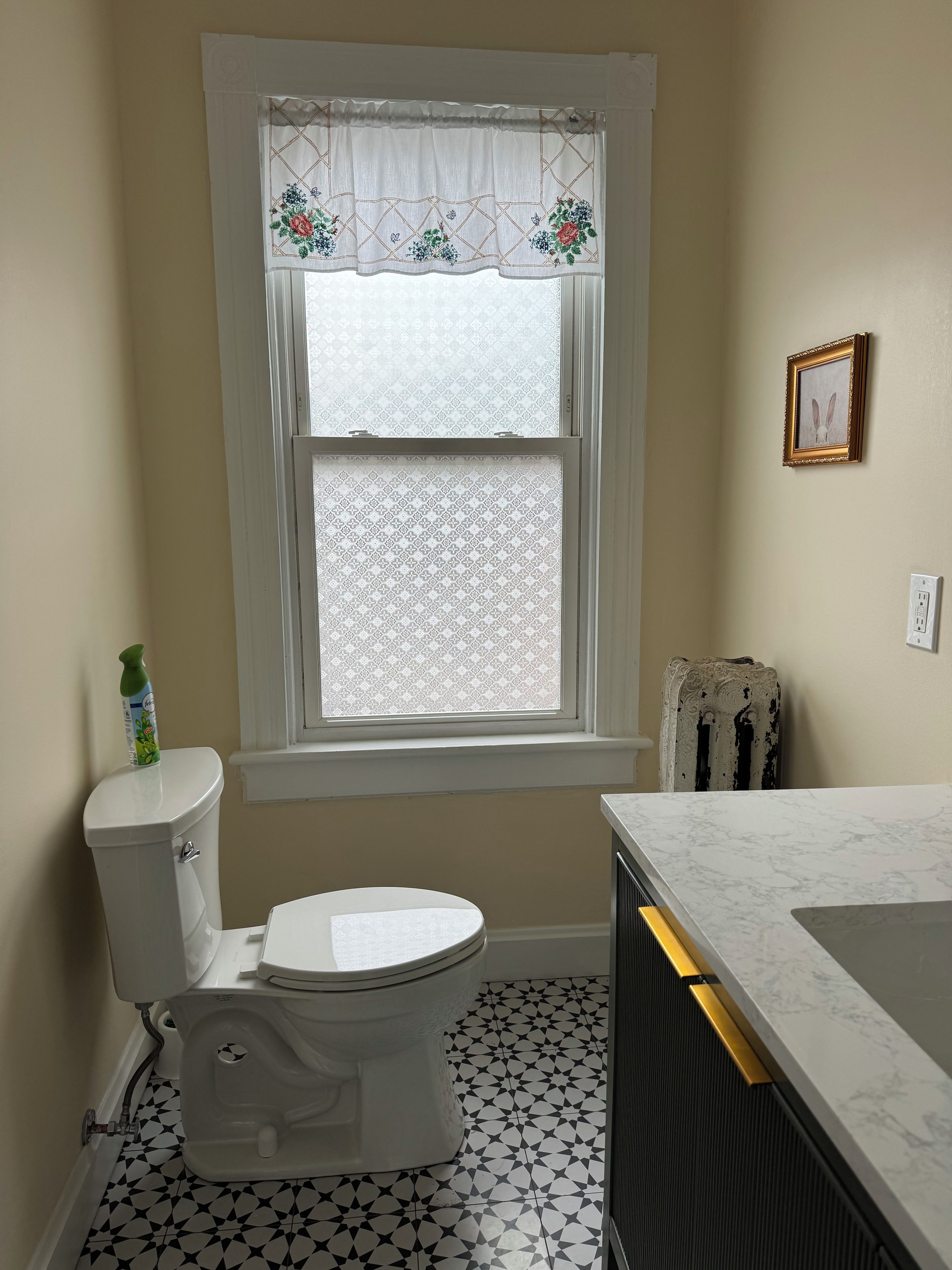Un baño con inodoro, una ventana con cortina decorativa, un radiador y un cuadro enmarcado en la pared.