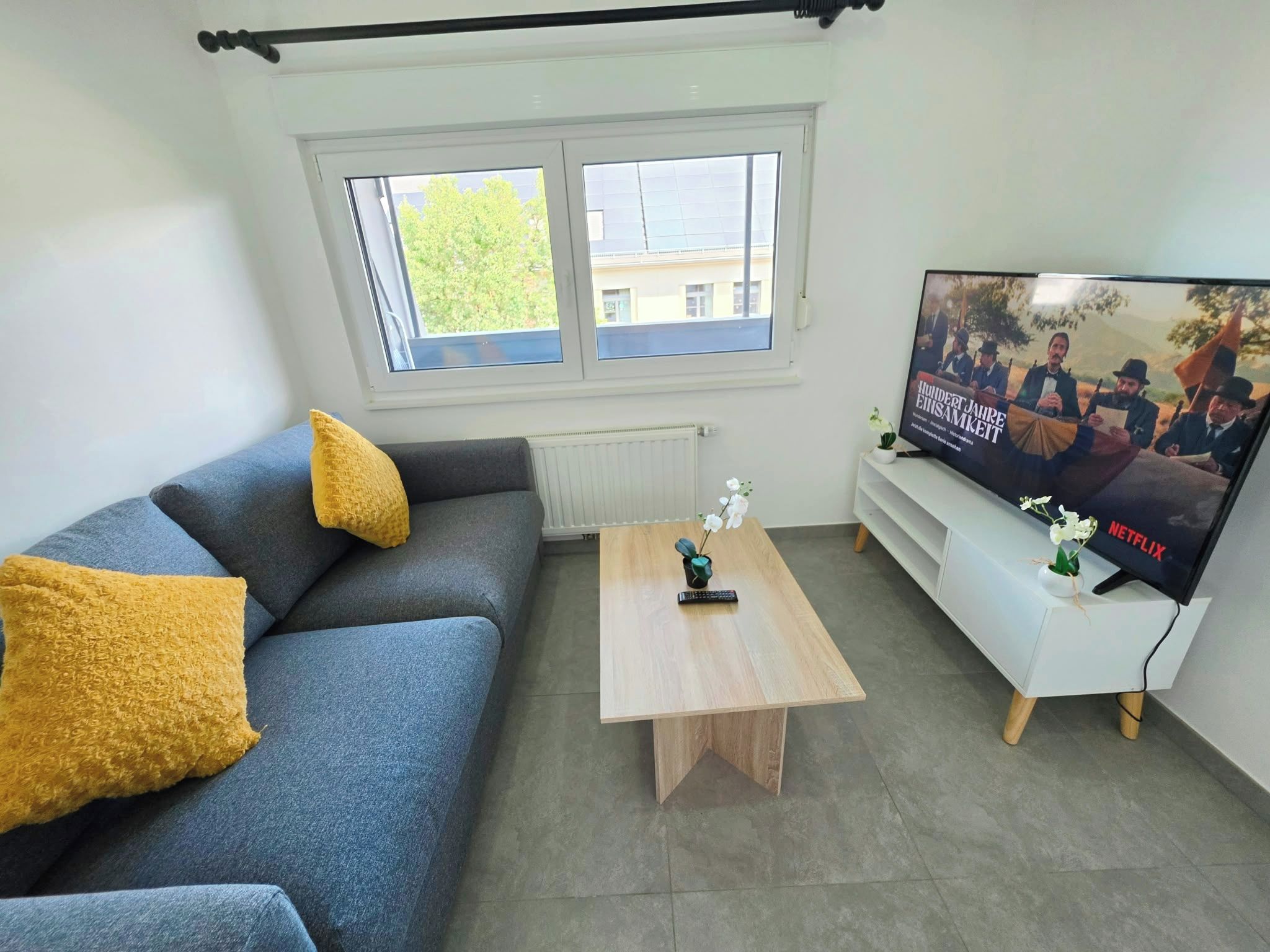 Een woonkamer met een bank, salontafel, televisie en ramen.