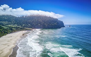 Eine Küstenlandschaft mit Sandstrand, Meereswellen und einer bewaldeten Klippe.
