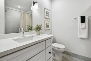A modern bathroom with a white sink, a toilet, and a shower area. There are framed pictures on the wall and a potted plant on the sink. - Coastal Retreat, Downtown Bay St Louis (Bay St. Louis)