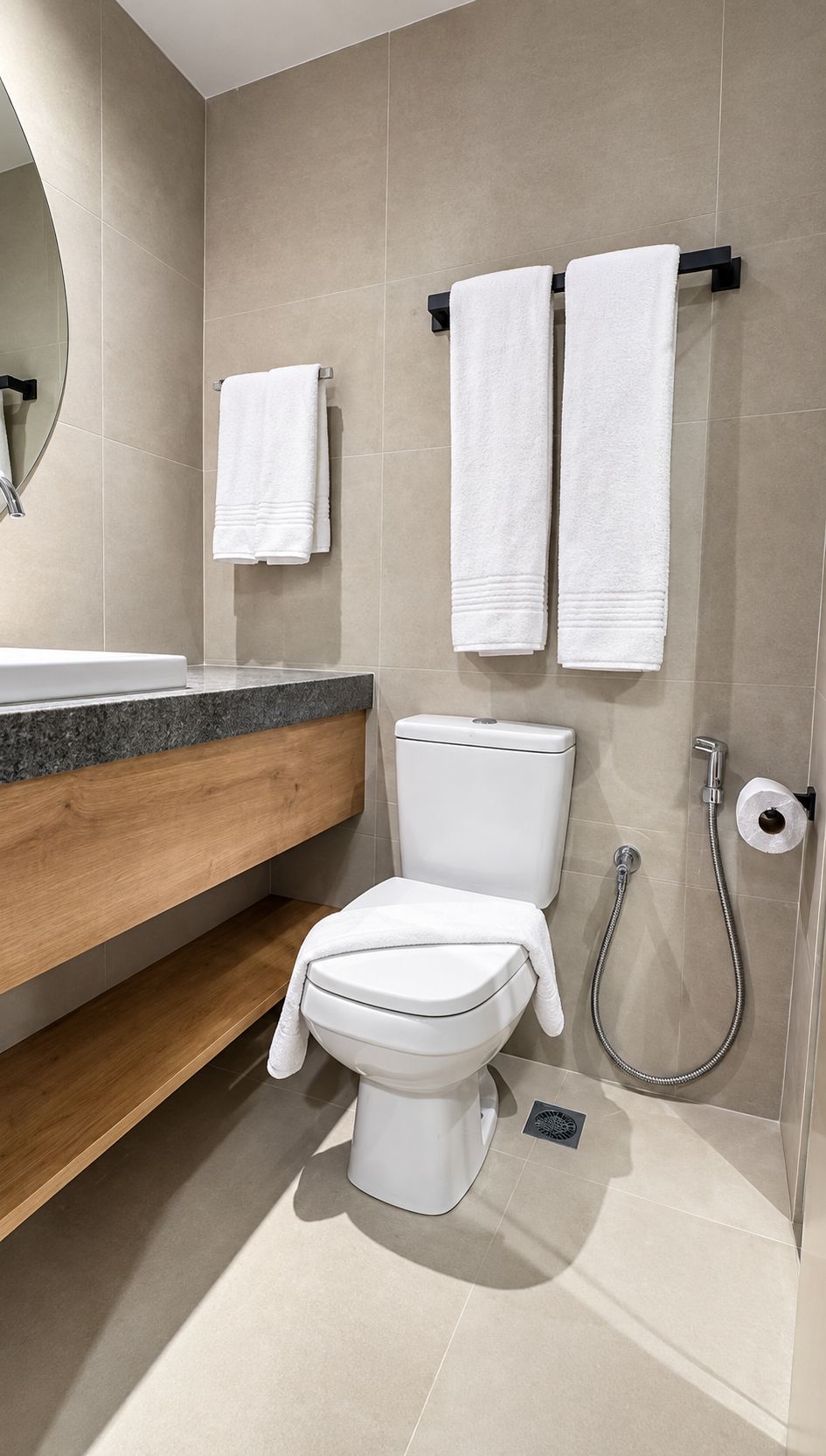 Un baño moderno con inodoro, bidé y toallero.