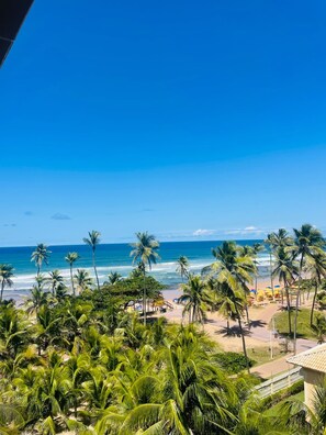 A beach view with palm trees and a clear sky. - Praia do Flamengo Suítes (Salvador)