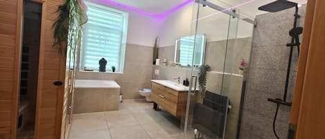 Hair dryer, towels, soap, toilet paper