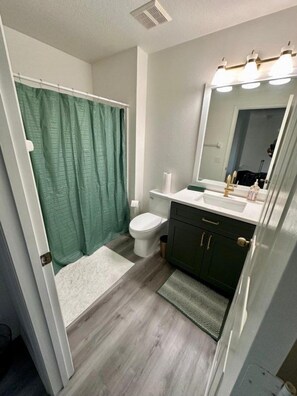 Un bagno con tenda doccia, vaso, lavandino, specchio e tappeto a pavimento.