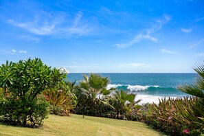Un paysage côtier avec un premier plan herbeux, une végétation dense et une vue sur l’océan avec ses vagues.
